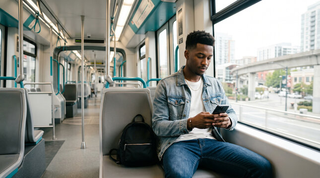 Modern young, black, African-American man sitting alone inside a clean, modern light rail transit train car. Room for copy.