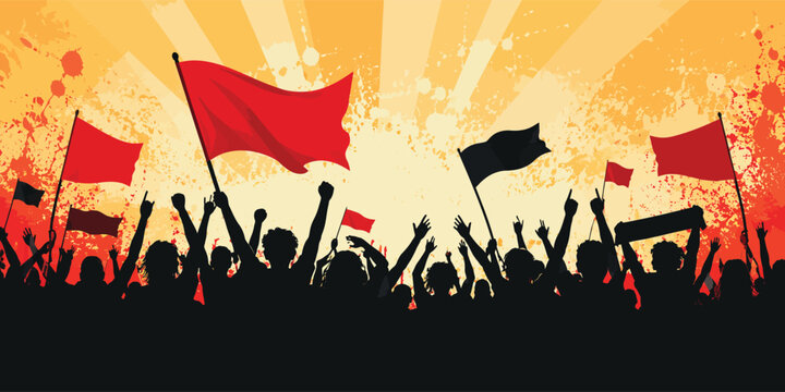 Crowd of silhouetted protesters waving red and black flags against an energetic grunge background with vibrant orange sunburst effects and distressed textures