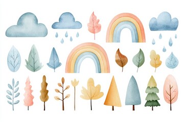Fototapeta premium Collection of simple watercolor shapes with clouds, trees, leaves, and rainbows on a white background