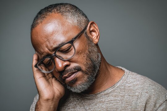 Studio portrait of a thoughtful man with ear pain and tinnitus, neutral background and soft lighting