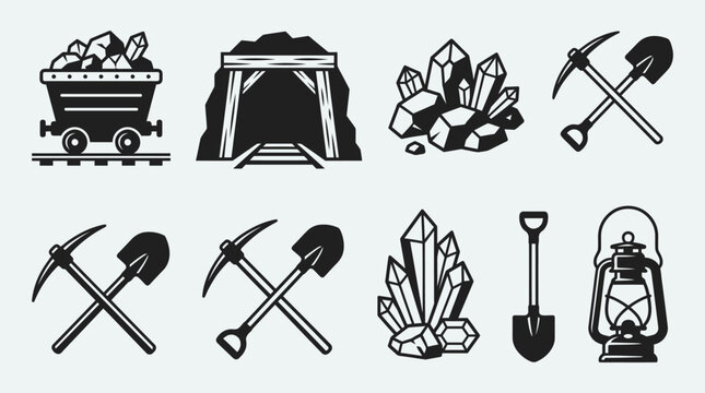 Black and white mining icons set.