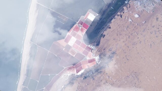 Flying over pink salt ponds at Walvis Bay Namibia with passing clouds satellite view from space