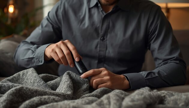 A man in a grey button-down shirt is seen from the chest down, holding a small black electronic device on a soft, textured grey blanket.