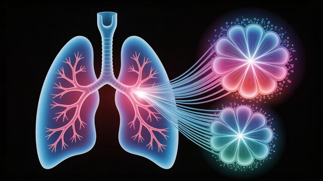 Lungs with bronchial tree and cells, medical illustration of respiratory system with pink and blue flowers representing health and disease on black background