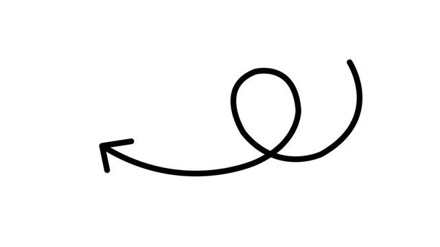 Black curly arrow hand drawn shape pointing left for direction, pointer, guide, navigation, and symbol on transparent background.Motion graphics of arrow concept.