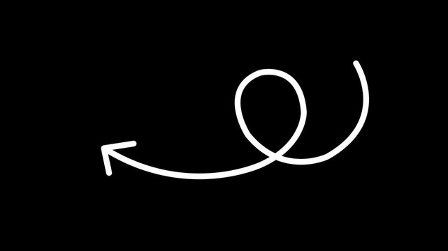 Black curly arrow hand drawn shape pointing left for direction, pointer, guide, navigation, and symbol on transparent background.Motion graphics of arrow concept.