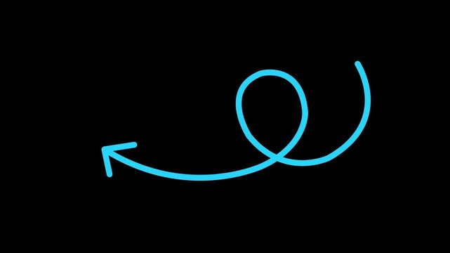 Black curly arrow hand drawn shape pointing left for direction, pointer, guide, navigation, and symbol on transparent background.Motion graphics of arrow concept.