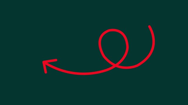 Black curly arrow hand drawn shape pointing left for direction, pointer, guide, navigation, and symbol on transparent background.Motion graphics of arrow concept.