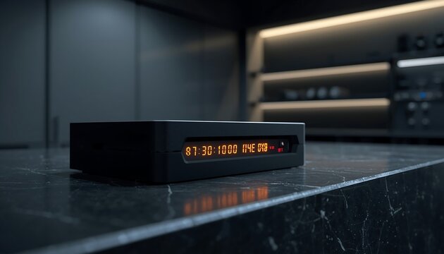 A sleek black digital device with an orange LED display rests on a dark, reflective countertop, suggesting a modern audio or media player.