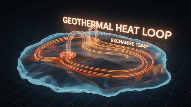 Geothermal heat loop exchange temp system for renewable energy on dark background
