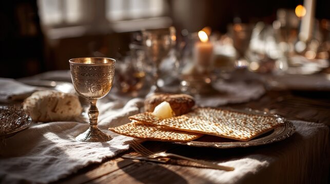 Intimate Passover dining scene featuring traditional foods, matzah, and wine on a wooden table