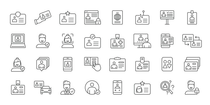 ID Card icons in line design. id card, identity, badge, profile, access, security, personal data on white background vector. ID Card editable stroke icon