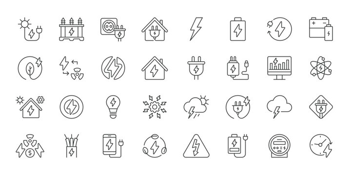 Lightning icons in line design. lightning, electricity, power, energy, flash, charge, voltage on white background vector. Lightning editable stroke icon