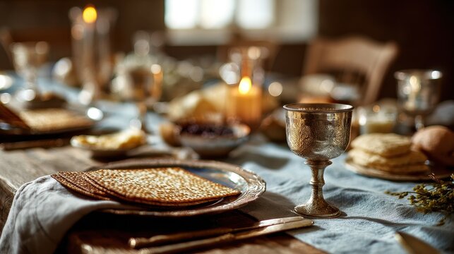 Passover table setting with Seder plate and matzah in warm candlelit ambiance