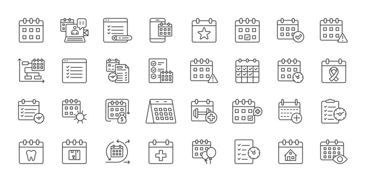 Calendar icons in line design. calendar, date, schedule, planner, event, reminder, time on white background vector. Calendar editable stroke icon
