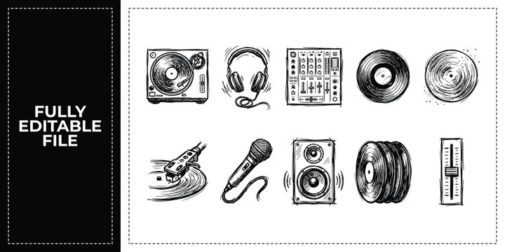Hand drawn black ink scribble audio music dj icon set featuring turntable headphones speaker and vinyl. Professional sketch doodle vector illustrations for nightclub party flyer.