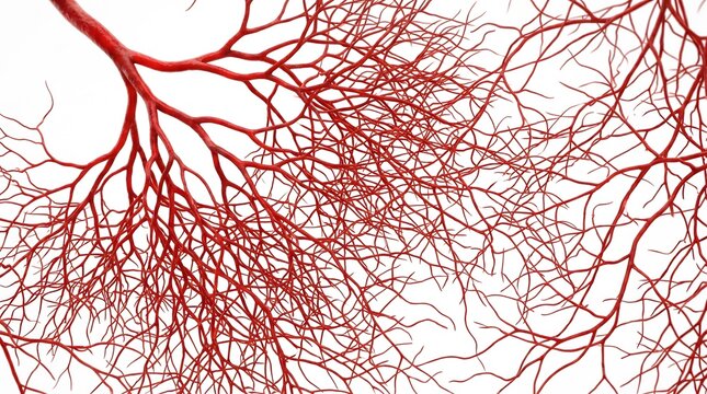 Red blood vessel network branching pattern on white background medical illustration