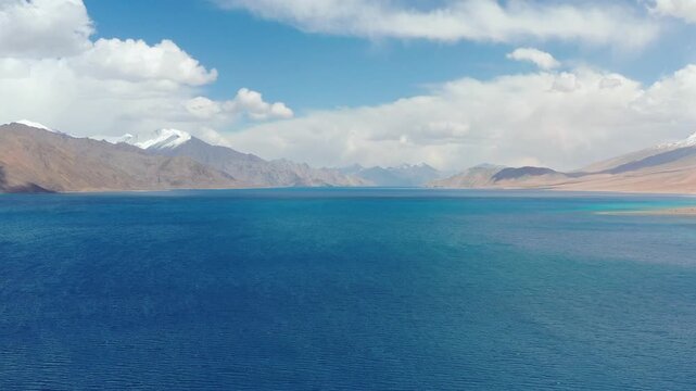 Drone shot of  majestic blue Pangong Tso lake in Ladakh India. High Altitude Lake in Greater Himalayas