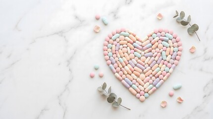Obraz premium Heart shape formed from pastel pill tablet and capsule on white marble with flower petal