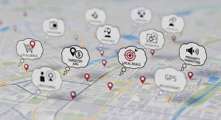 Naklejka premium Location-based marketing concept with map, pins, and speech bubbles showing targeted ads, local deals, and proximity marketing strategies.