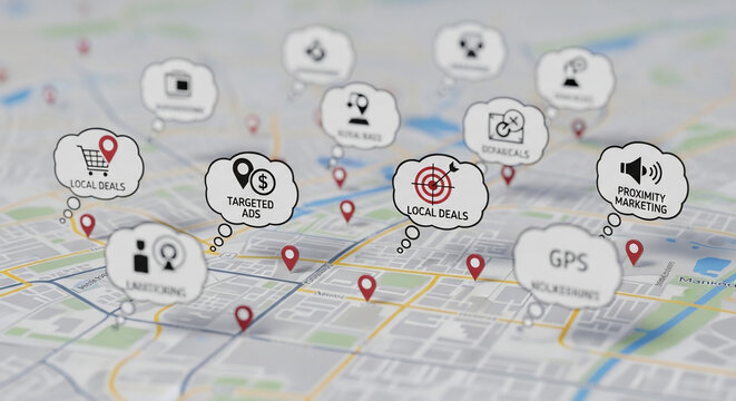Location-based marketing concept with map, pins, and speech bubbles showing targeted ads, local deals, and proximity marketing strategies.