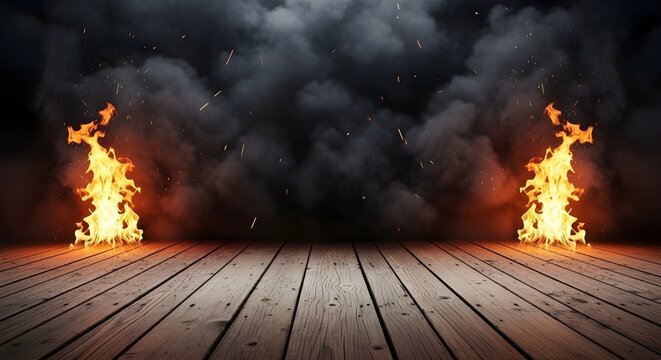 Horizontal wooden floor stage framed by roaring flames against a background of thick dark smoke and glowing sparks. Ideal for cinematic product displays or atmospheric event backdrops.