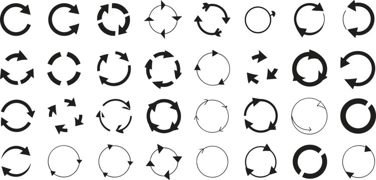 Circular arrows icons, black sync loop symbols, reset or refresh signs, repeat and rotation graphic design elements