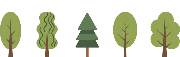 Minimalist green trees collection, deciduous and coniferous pine plants, nature ecology foliage icon elements for graphic design, forest landscape backdrop © MstTanzina