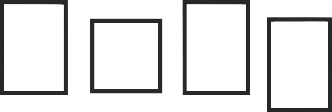 Modern minimalist black picture frames, realistic blank poster gallery wall mockup, isolated square and rectangle photo framing border,