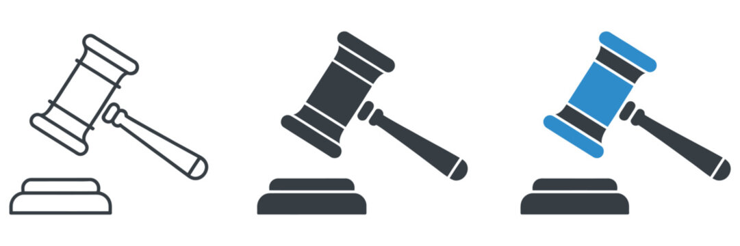 judge gavel icon vector collection in outline and solid style, legal and justice design set for court branding, law office graphics, and judicial symbols.