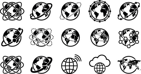 Global Network Technology and Worldwide Communication Icon Set with Planet Earth Globes, Satellite Orbits, Data Nodes, Clouds, and Internet Connectivity Designs © DarparajDab