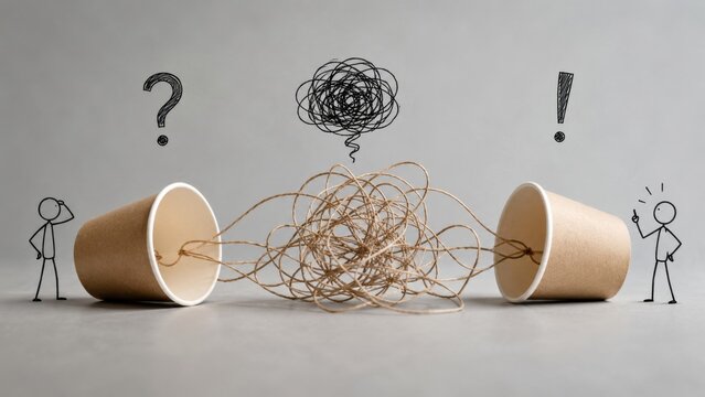 Paper cup telephone tangled string communication breakdown