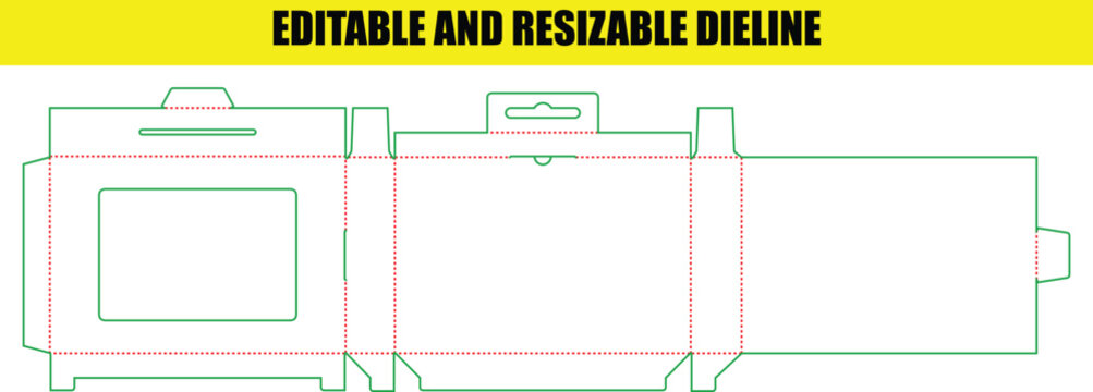Flat box packaging dieline layout for small electronics and retail items with hanging hole tab