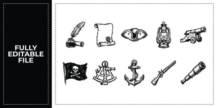 Hand drawn black ink scribble nautical pirate and historical icon set featuring feather pen scroll and anchor. Professional sketch doodle vector illustrations for maritime museum.