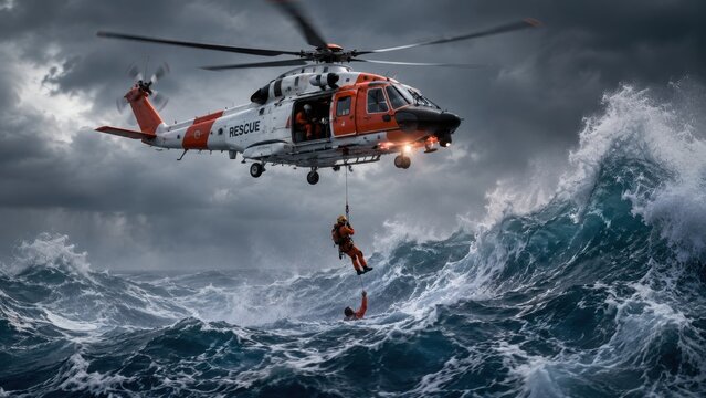 Rescue helicopter performing sea rescue over rough ocean
