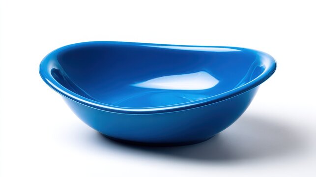 Medical equipment image: blue plastic fracture bedpan isolated on white surface, side profile