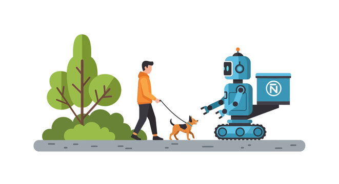 Future Lifestyle Illustration of a Man Walking a Dog Meeting an Autonomous Delivery Robot in a Park. Smart City Concept with AI Technology and Modern Logistics.