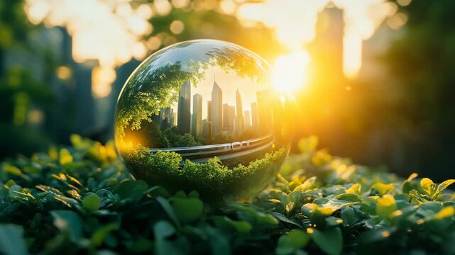 Miniature green metropolis in glass sphere on natural moss showing smart city ecology renewable energy environmental protection sustainable development future climate solution urban innovation model