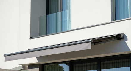Fototapeta premium Contemporary patio awning on modern architecture for outdoor living spaces, home design blogs, architectural features, and landscaping ideas