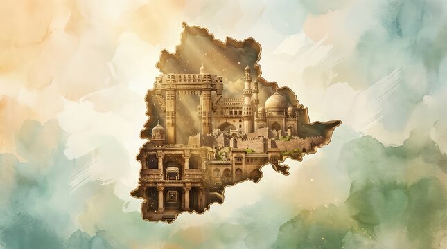 Telangana map outline with historic architecture and vibrant cultural background.