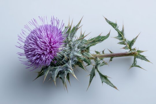 Macro shot of a single milk thistle plant on white background with purple bloom and spiny leaves