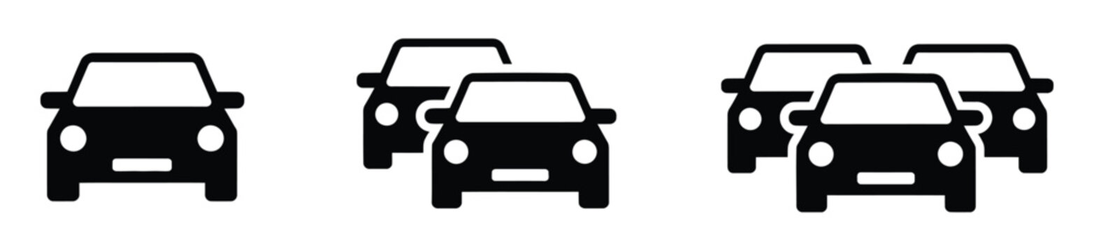 Car icon set with traffic jam concept featuring one, two, and three automobile symbols in black vector design elements