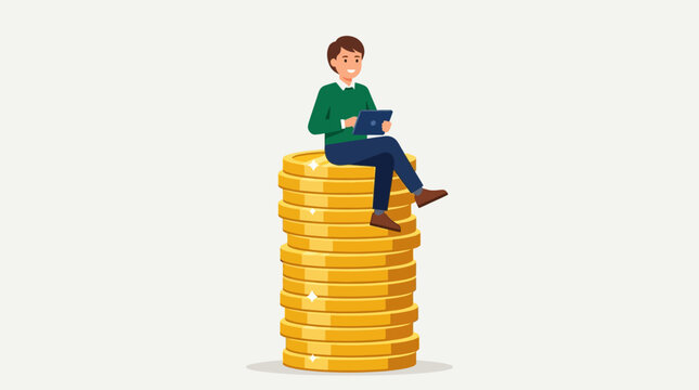 Successful Young Investor Sitting on a High Stack of Gold Coins While Using a Digital Tablet ideal for financial growth blogs and fintech marketing materials.