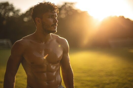 Warm summer sun highlights a muscular man during a vigorous outdoor workout