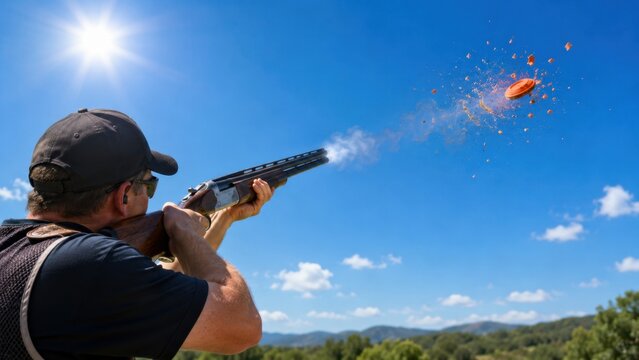 Man shooting clay target at shooting range outdoors