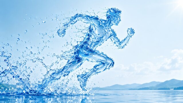 Figure formed from water sprinting across calm seascape