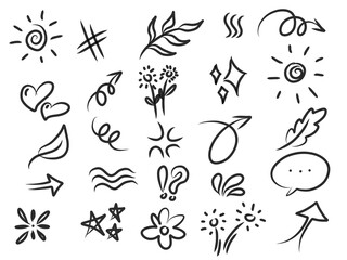 Fototapeta premium Hand drawn doodle symbols and sketch elements collection isolated on light background
