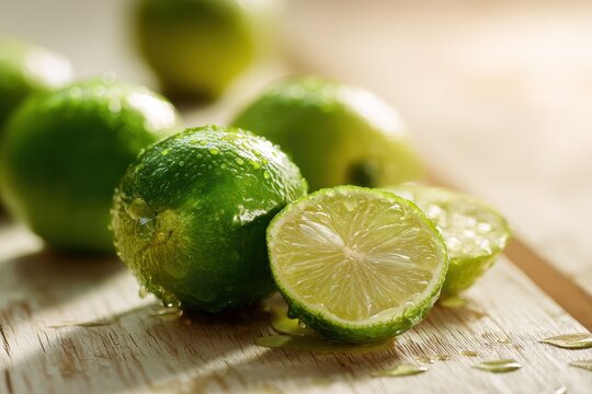 Macro shot of halved Spanish lime revealing juicy pale-green pulp and seed