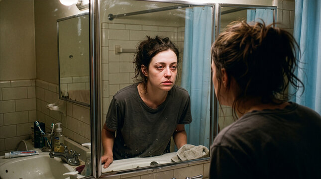 Woman Reflecting in Mirror: A woman with unkempt hair and tired eyes gazes at her reflection in a bathroom mirror, a moment of vulnerability captured in a realistic scene.