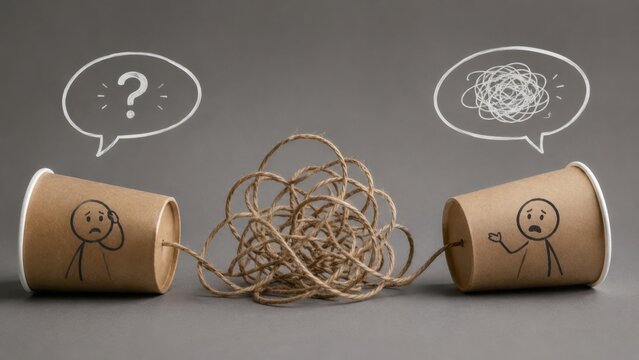 Paper cup telephone with tangled string communication breakdown